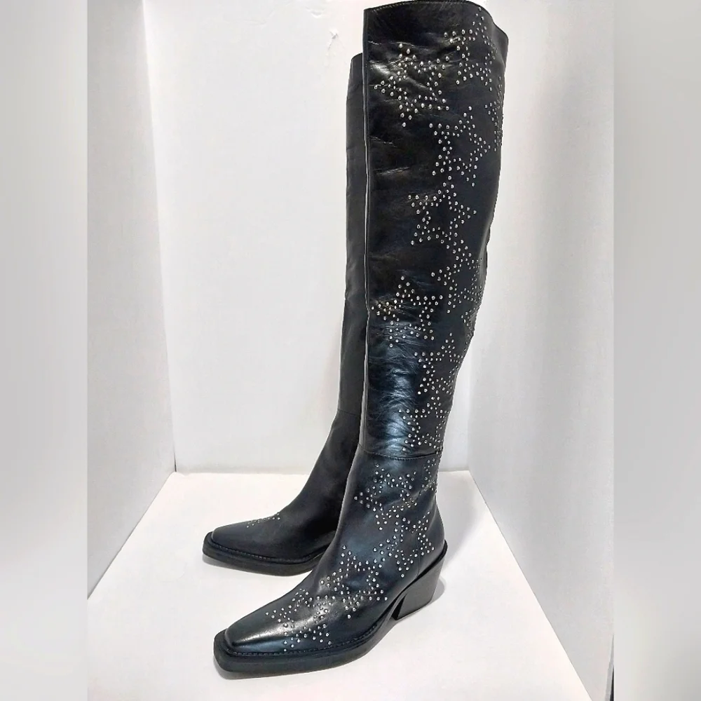 Nasty‎ Gal Real Leather Star Studded Over The Knee Western Boots, NEW, Size 36
